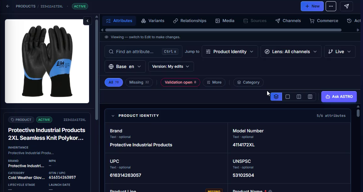 Autonera product record showing attribute groups, missing-value and validation indicators, relationship tabs, and the Ask ASTRO entry point.